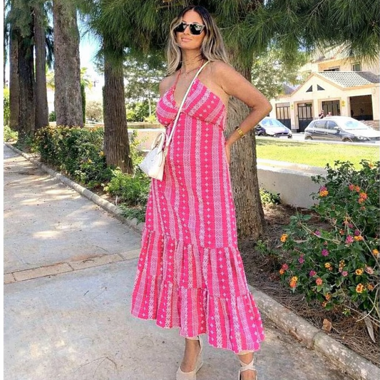 Pink Printed Halter Midi Dress with Ruffle Hem