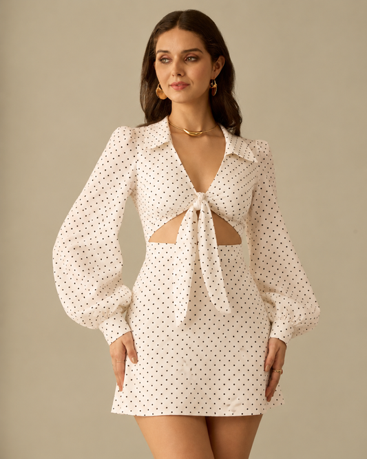 Cream Polka Dot Cutout Mini Dress with Tie Front