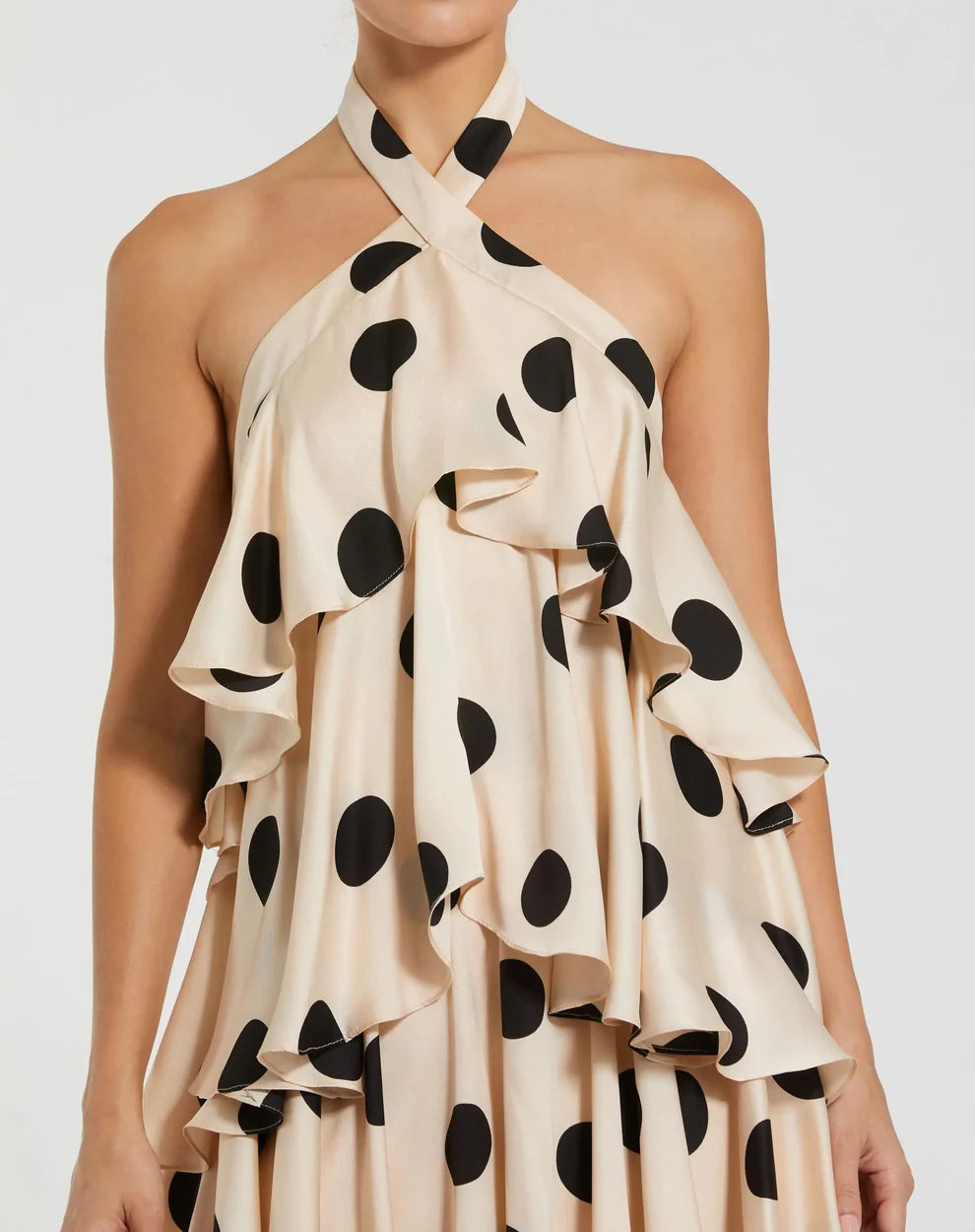 POLKA CASCADE RUFFLE MAXI DRESS