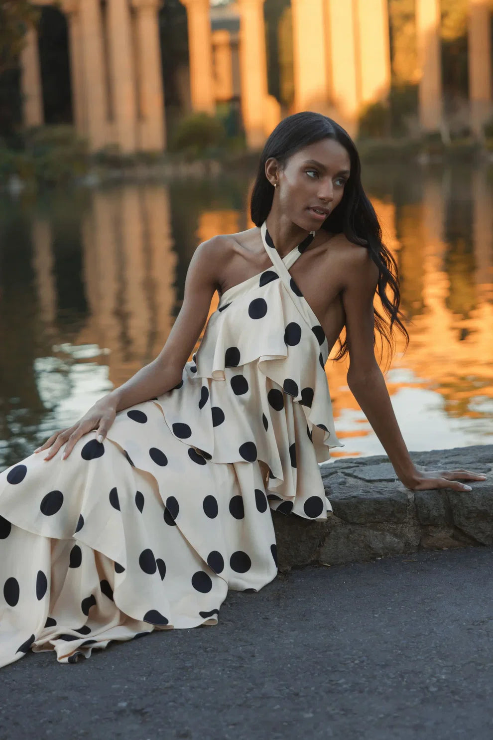 POLKA CASCADE RUFFLE MAXI DRESS