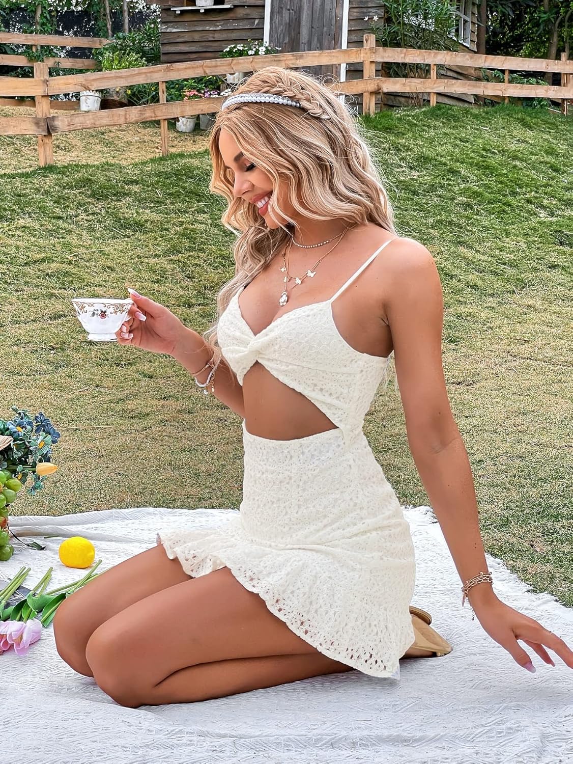 Ivory Lace Cut-Out Ruffle Hem Mini Dress