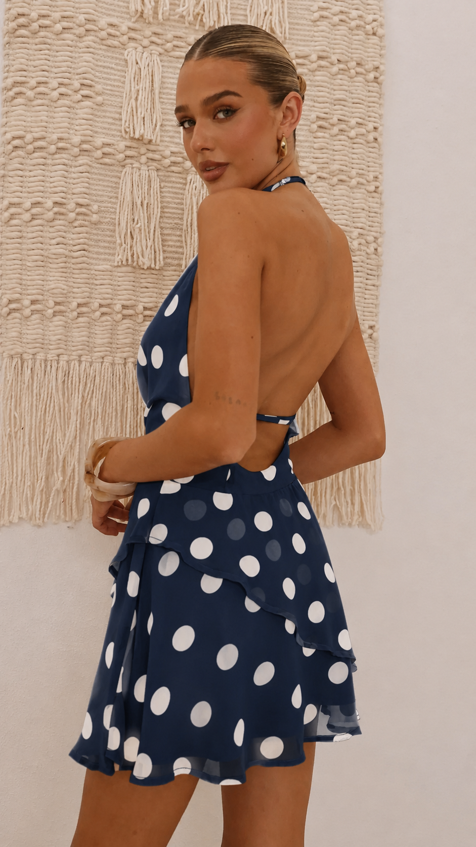 BLUE POLKA BACKLESS MINI DRESS – La-More