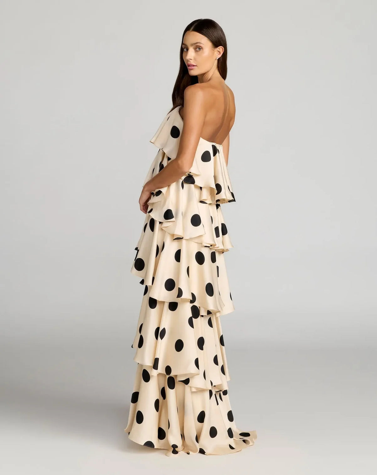Beige Strapless Polka Dot Charmeuse Ruffle Gown