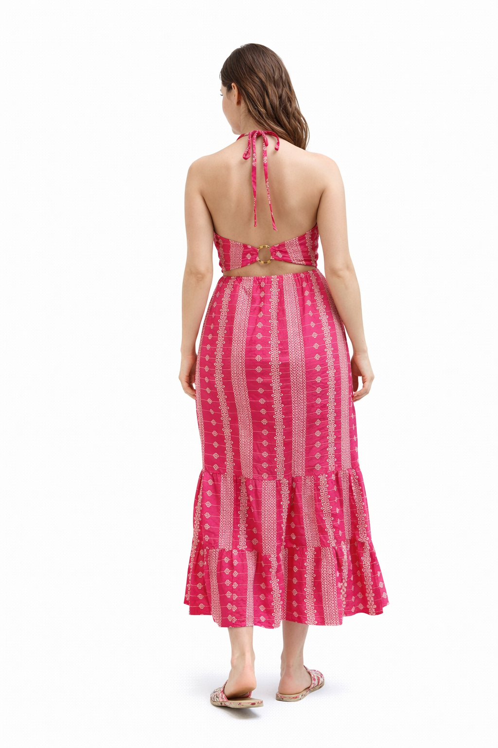 Pink Printed Halter Midi Dress with Ruffle Hem