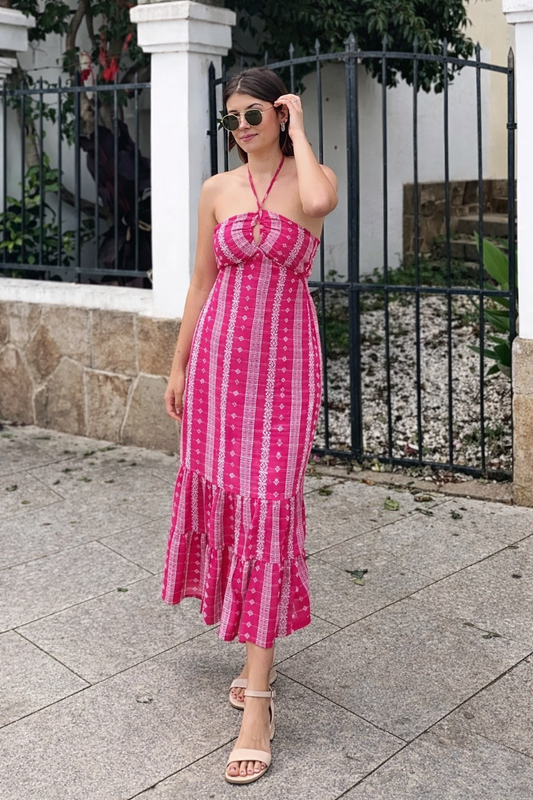 Pink Printed Halter Midi Dress with Ruffle Hem