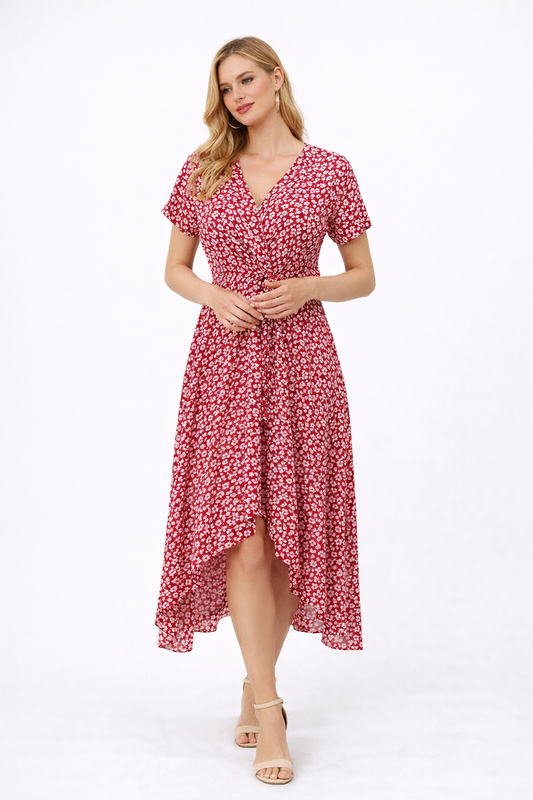 Ruby Bloom Asymmetric Rayon Wrap Midi Dress