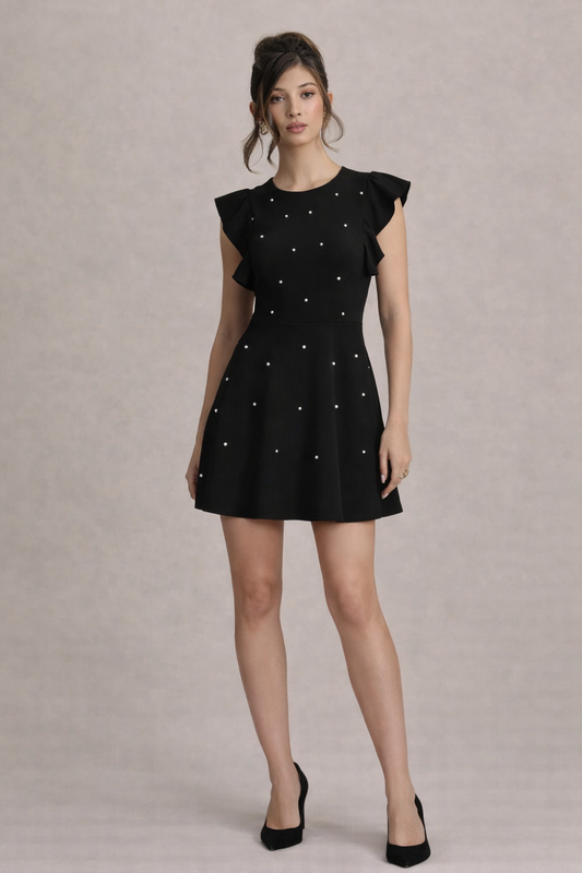 Midnight Pearl Flutter-Sleeve Polyester Skater Dress