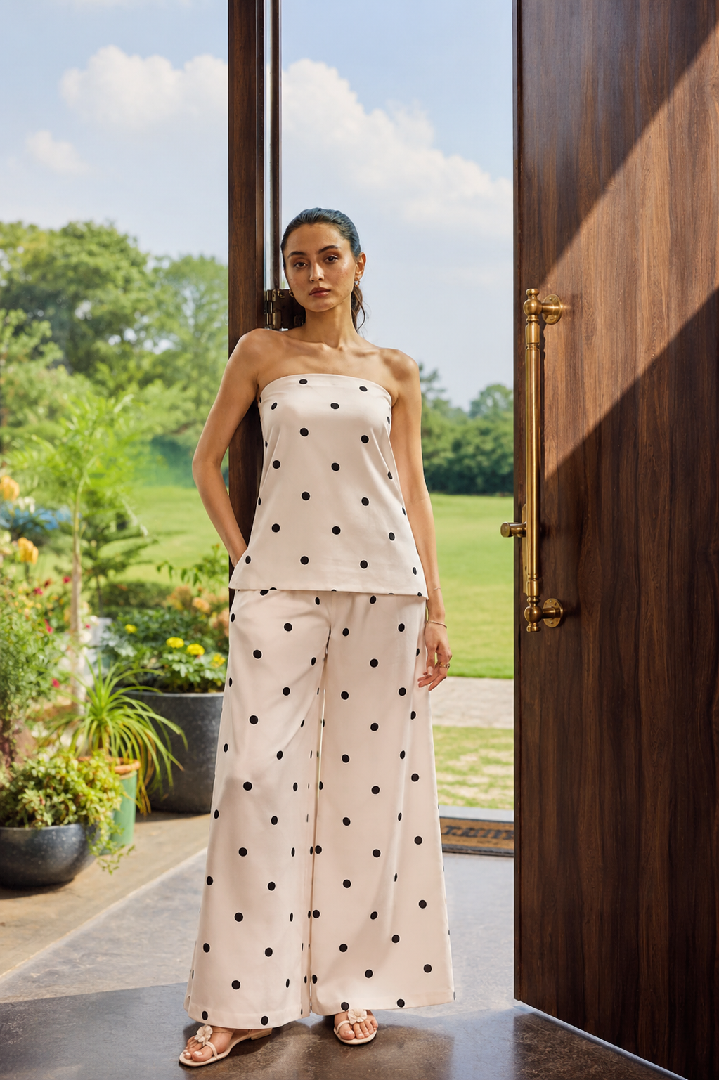 Polka Dot Strapless Co-Ord Set | Wide-Leg Pants Set