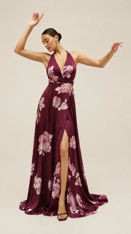 Burgundy Floral Halter Maxi Dress with Side Slit
