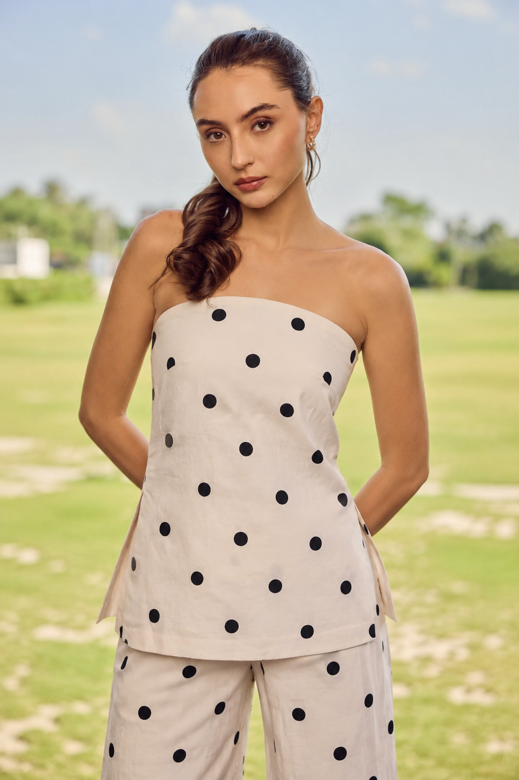 Polka Dot Strapless Co-Ord Set | Wide-Leg Pants Set