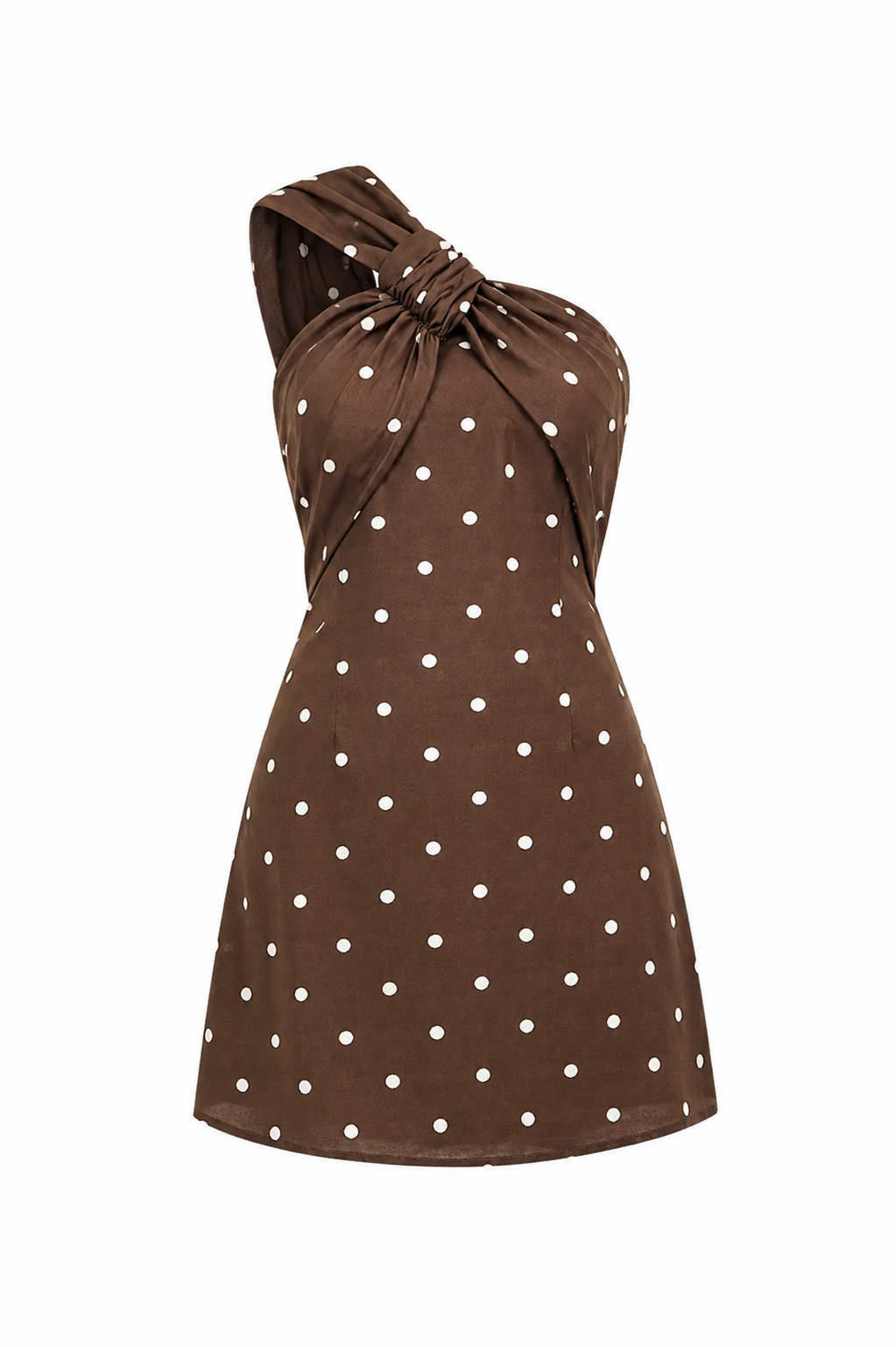Mocha Polka Dot One-Shoulder Mini Dress