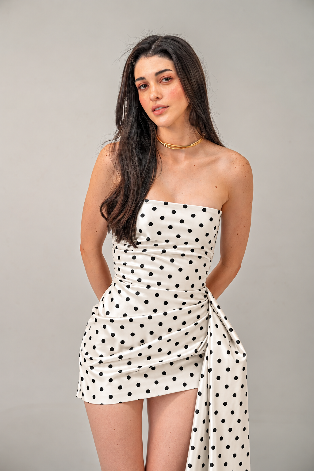 Polka Dot Ruched Strapless Mini Dress with Draped Sash