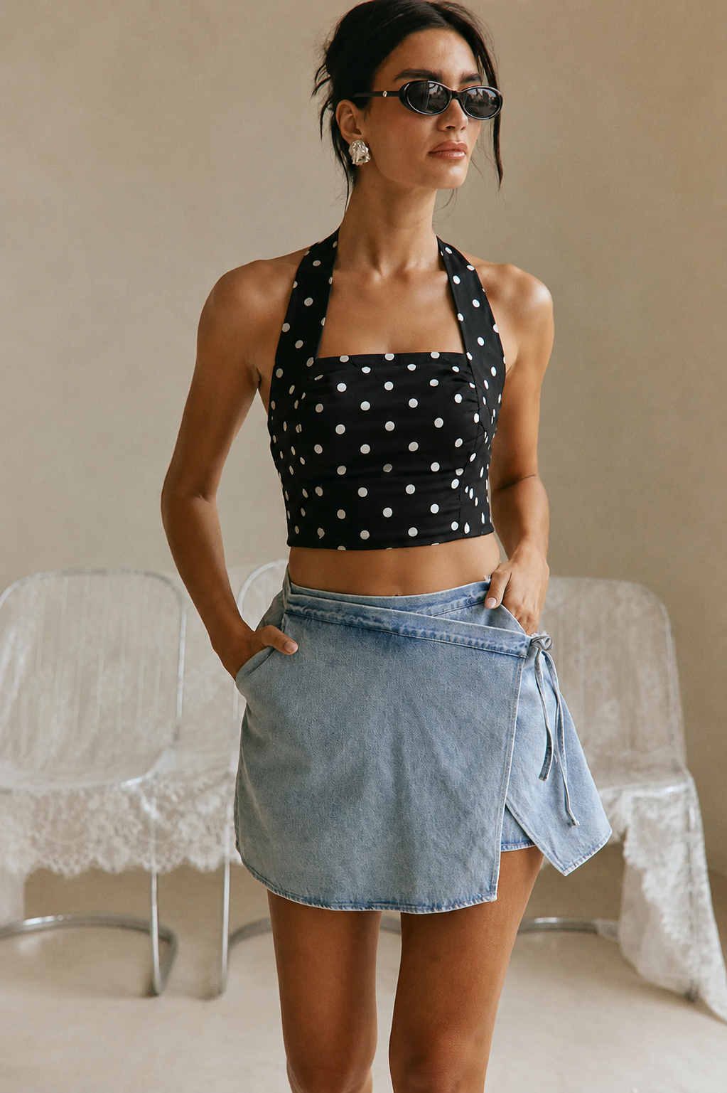Noir Bloom Polka Halter Crop Top