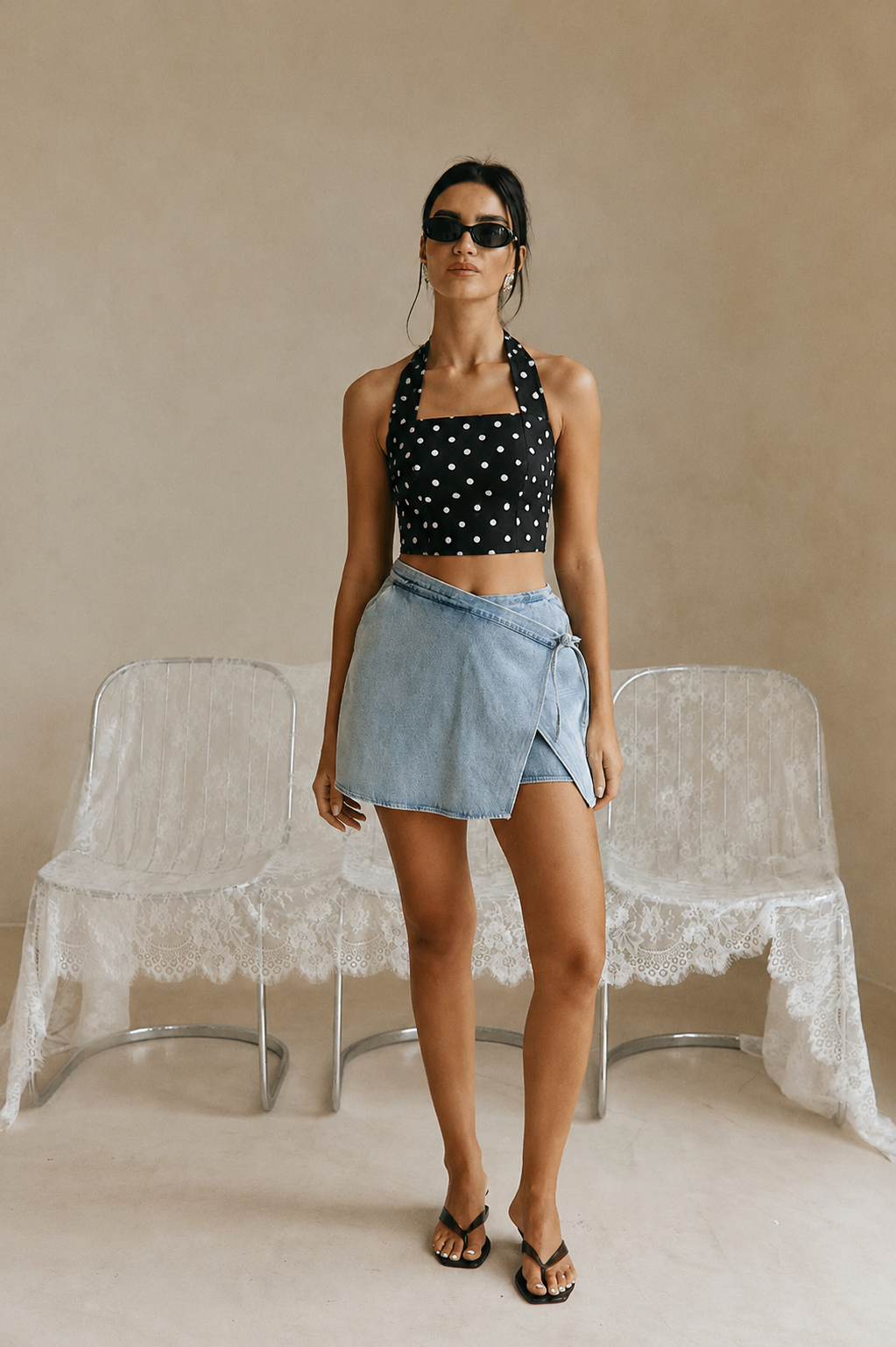 Noir Bloom Polka Halter Crop Top