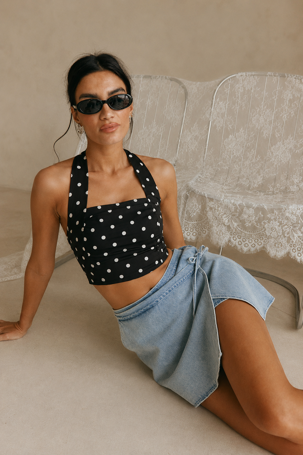Noir Bloom Polka Halter Crop Top