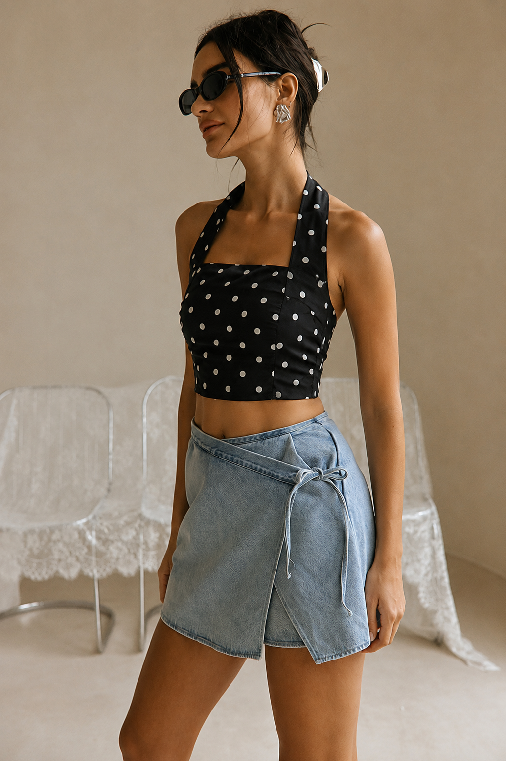 Noir Bloom Polka Halter Crop Top