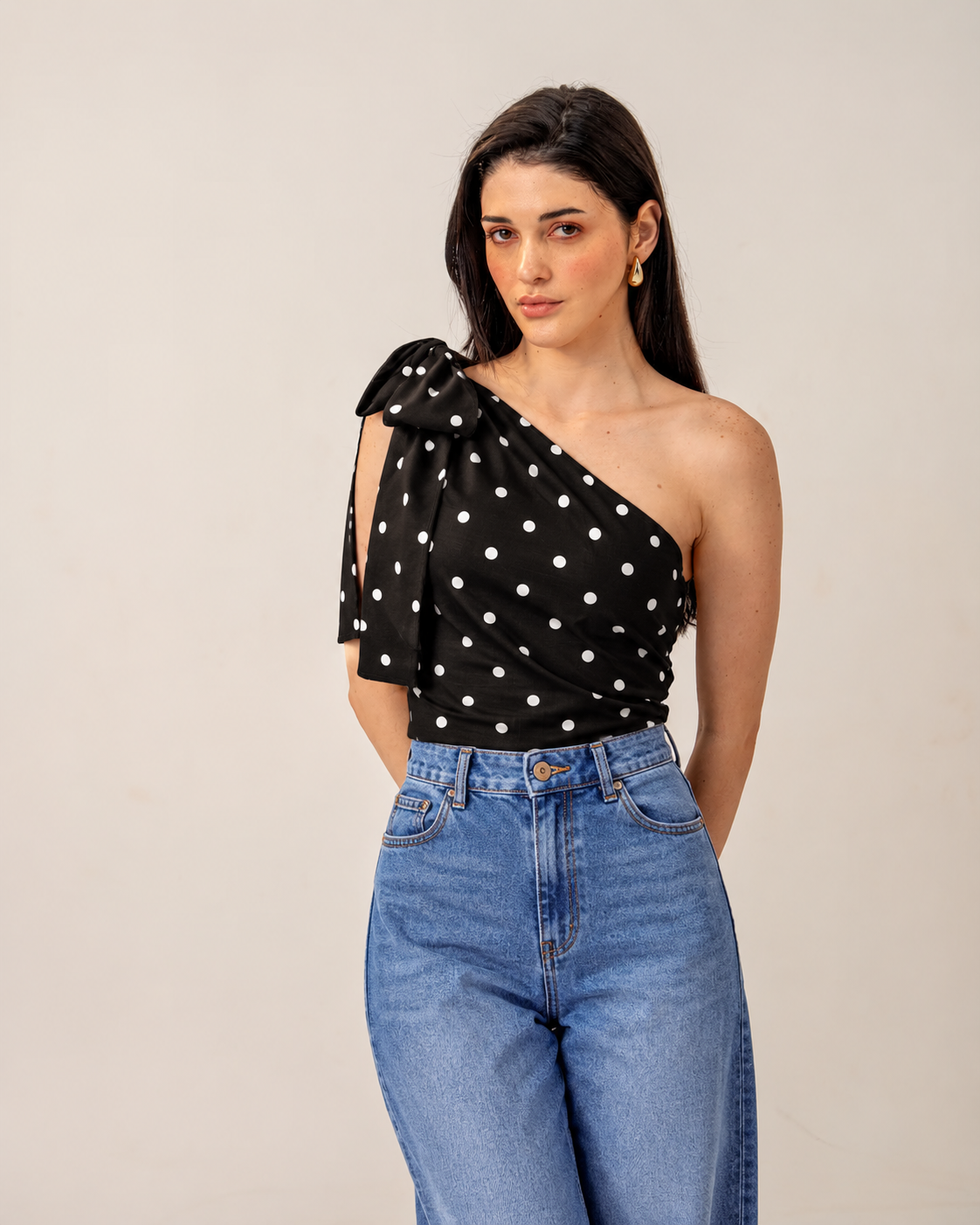 Polka Dot Bow One-Shoulder Top