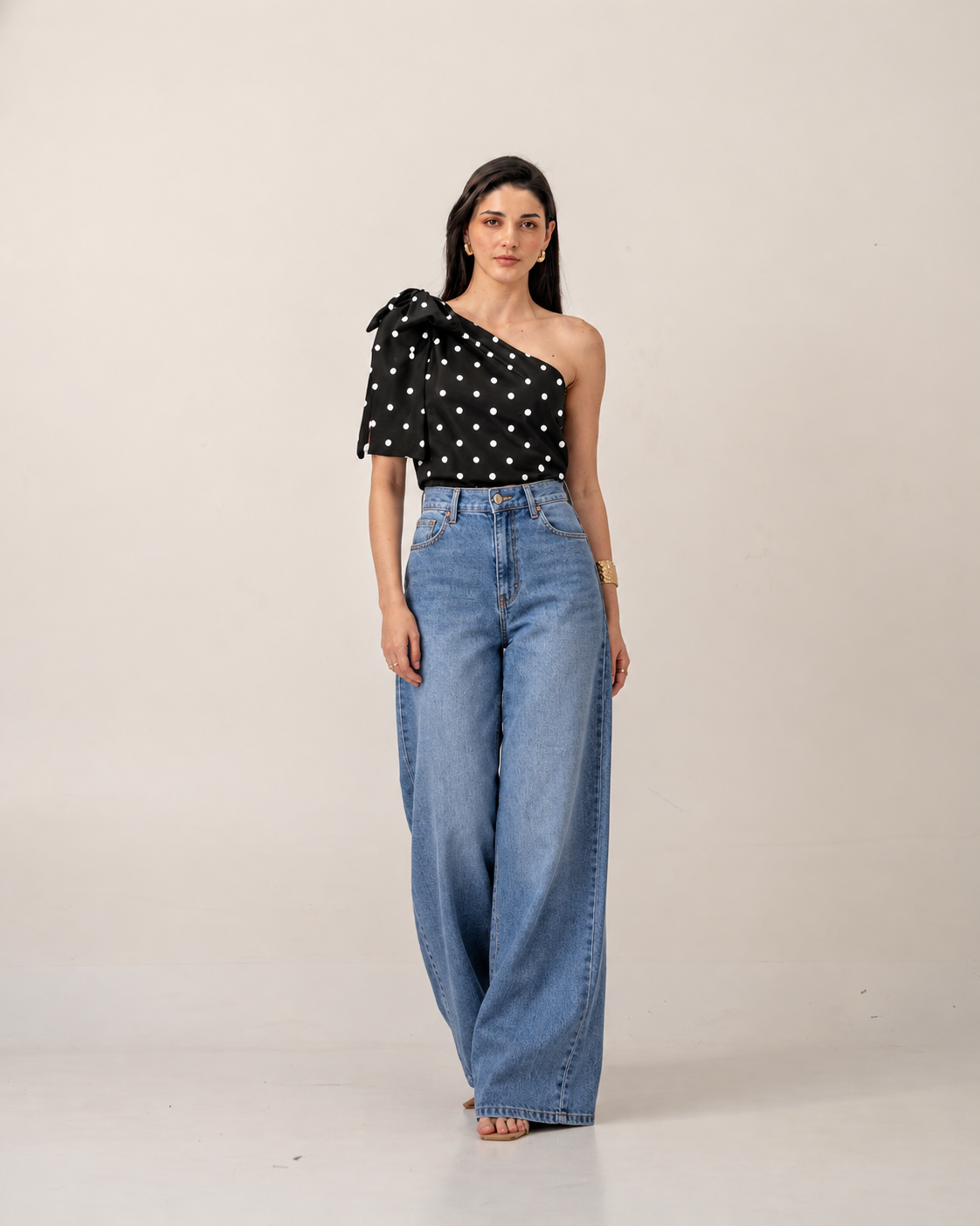 Polka Dot Bow One-Shoulder Top