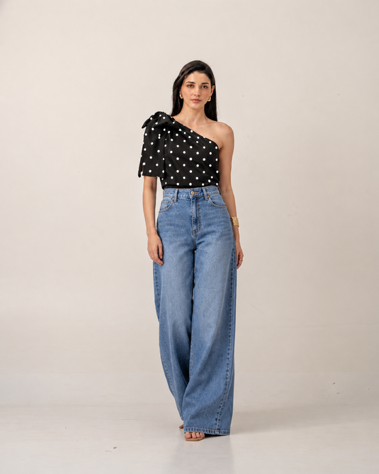Polka Dot Bow One-Shoulder Top