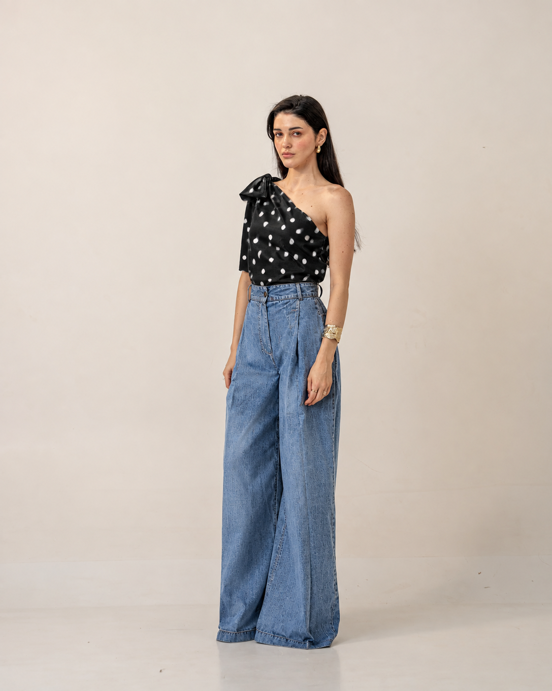 Polka Dot Bow One-Shoulder Top