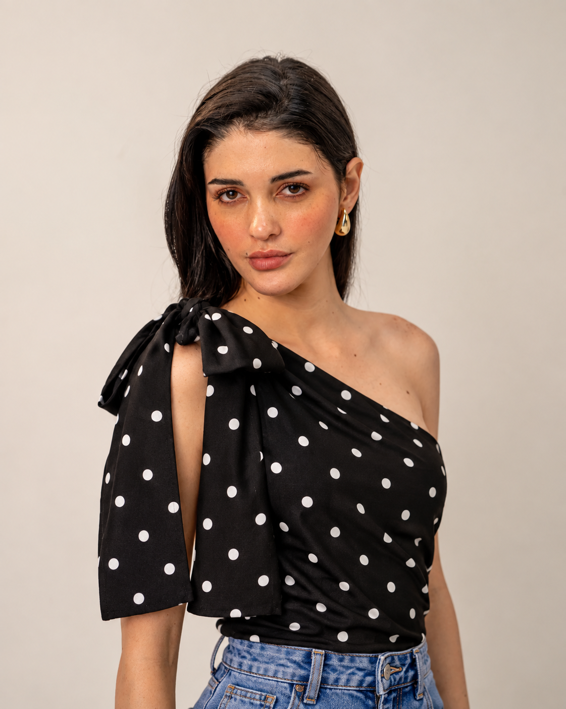 Polka Dot Bow One-Shoulder Top