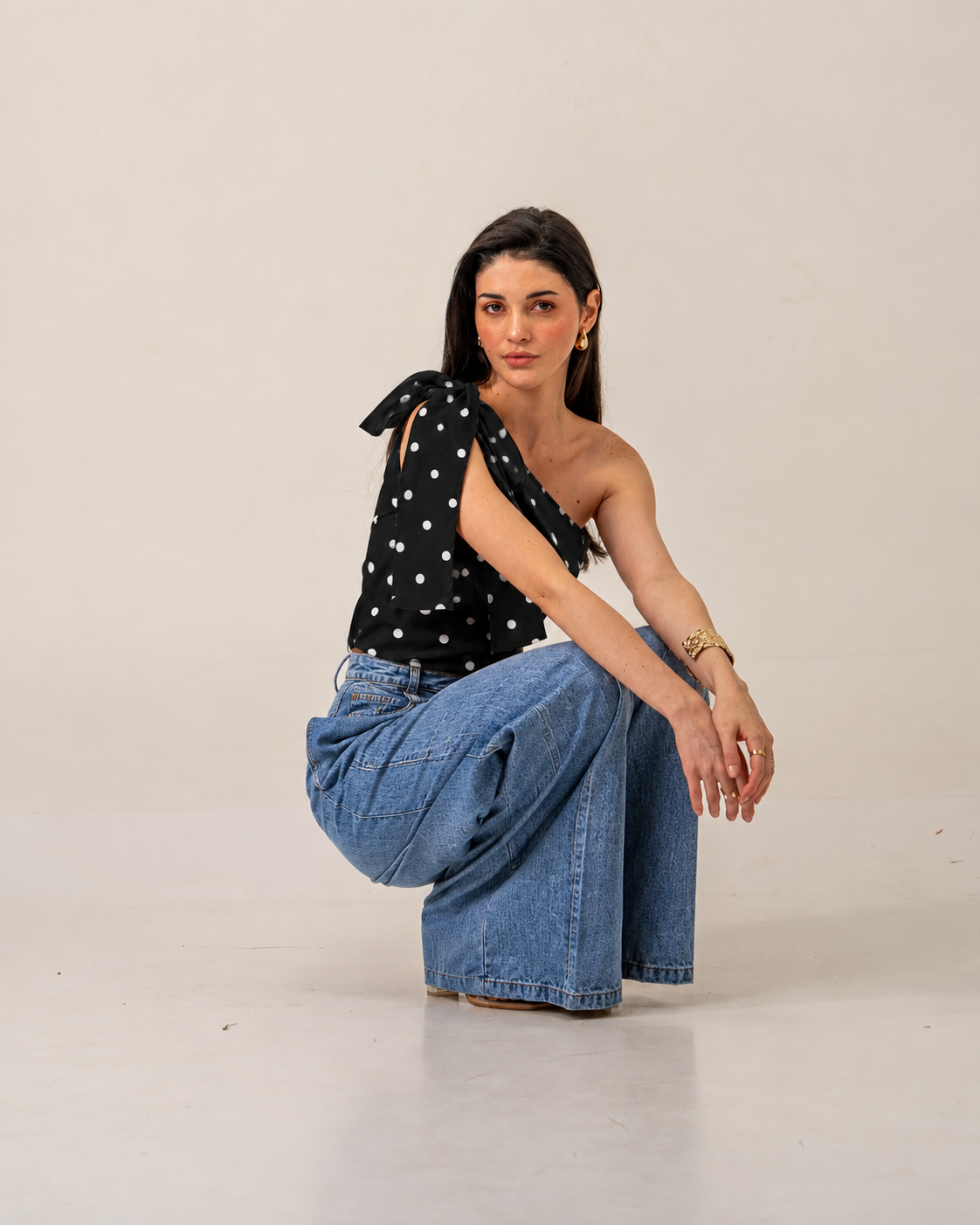 Polka Dot Bow One-Shoulder Top