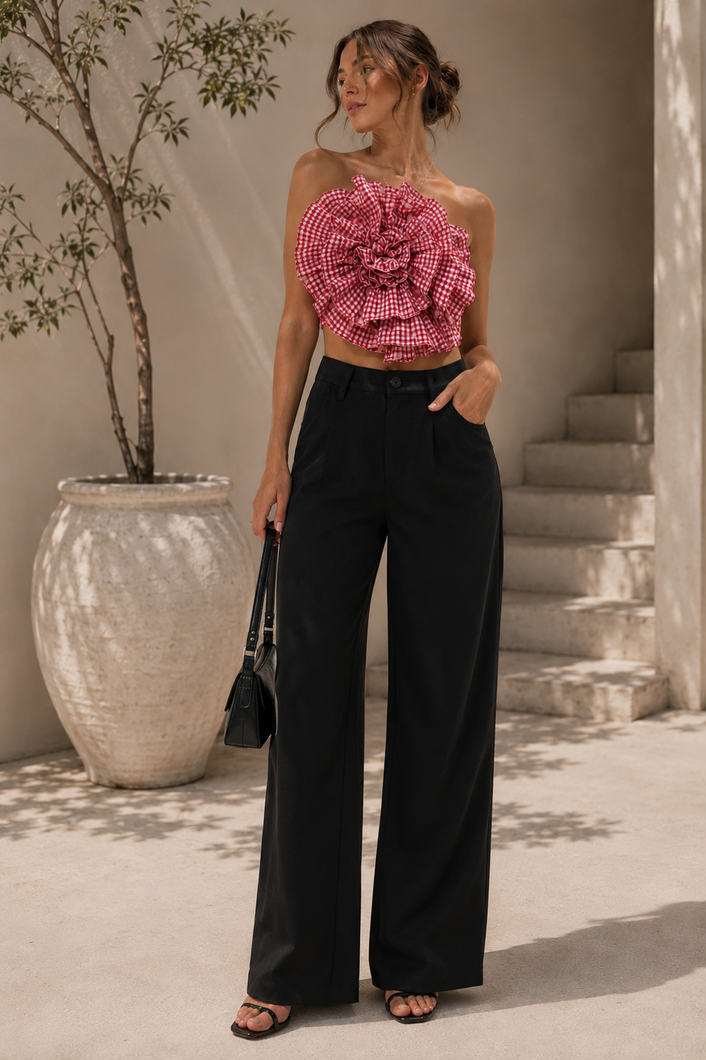 Rosette Bloom Gingham Strapless Top