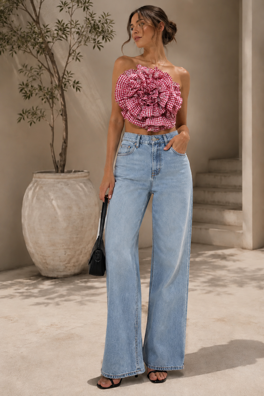 Rosette Bloom Gingham Strapless Top