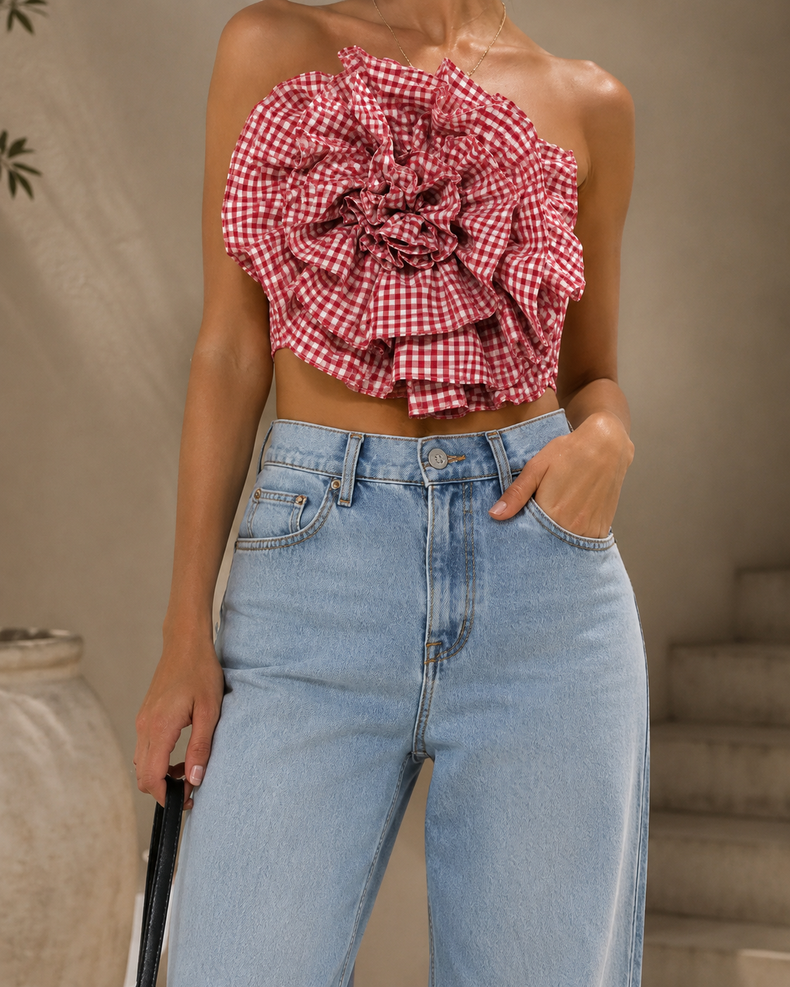 Rosette Bloom Gingham Strapless Top