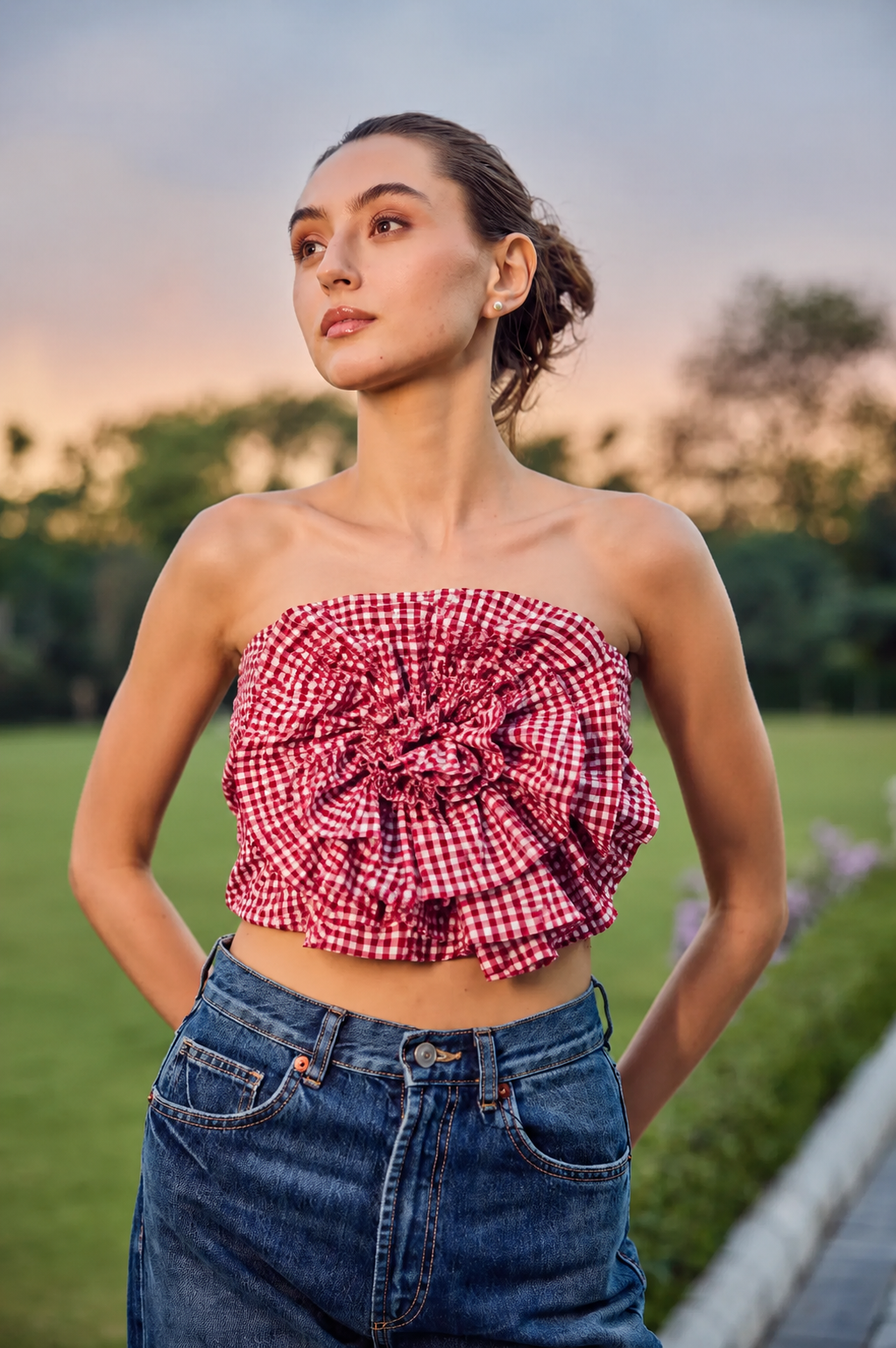 Rosette Bloom Gingham Strapless Top