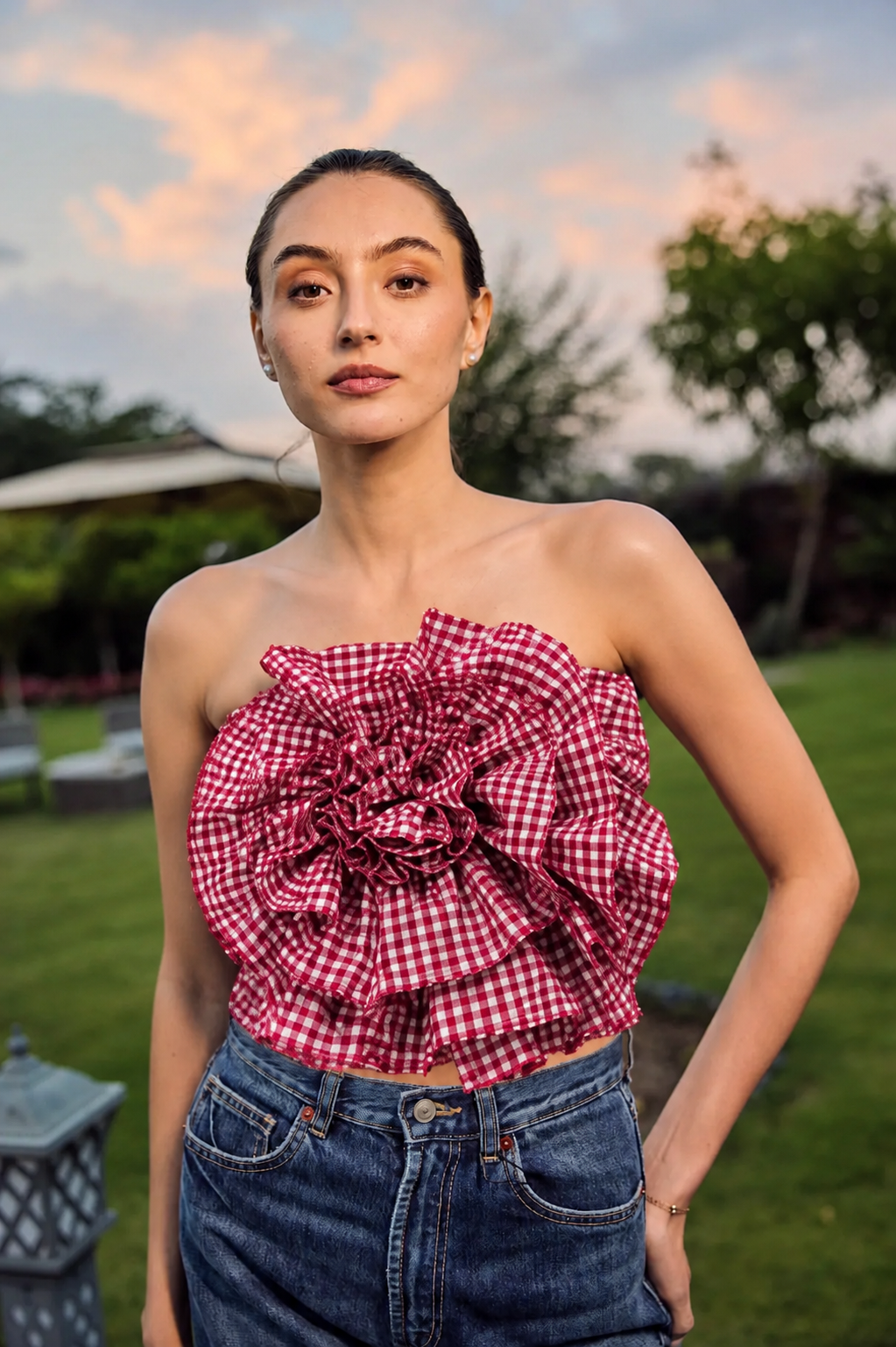 Rosette Bloom Gingham Strapless Top