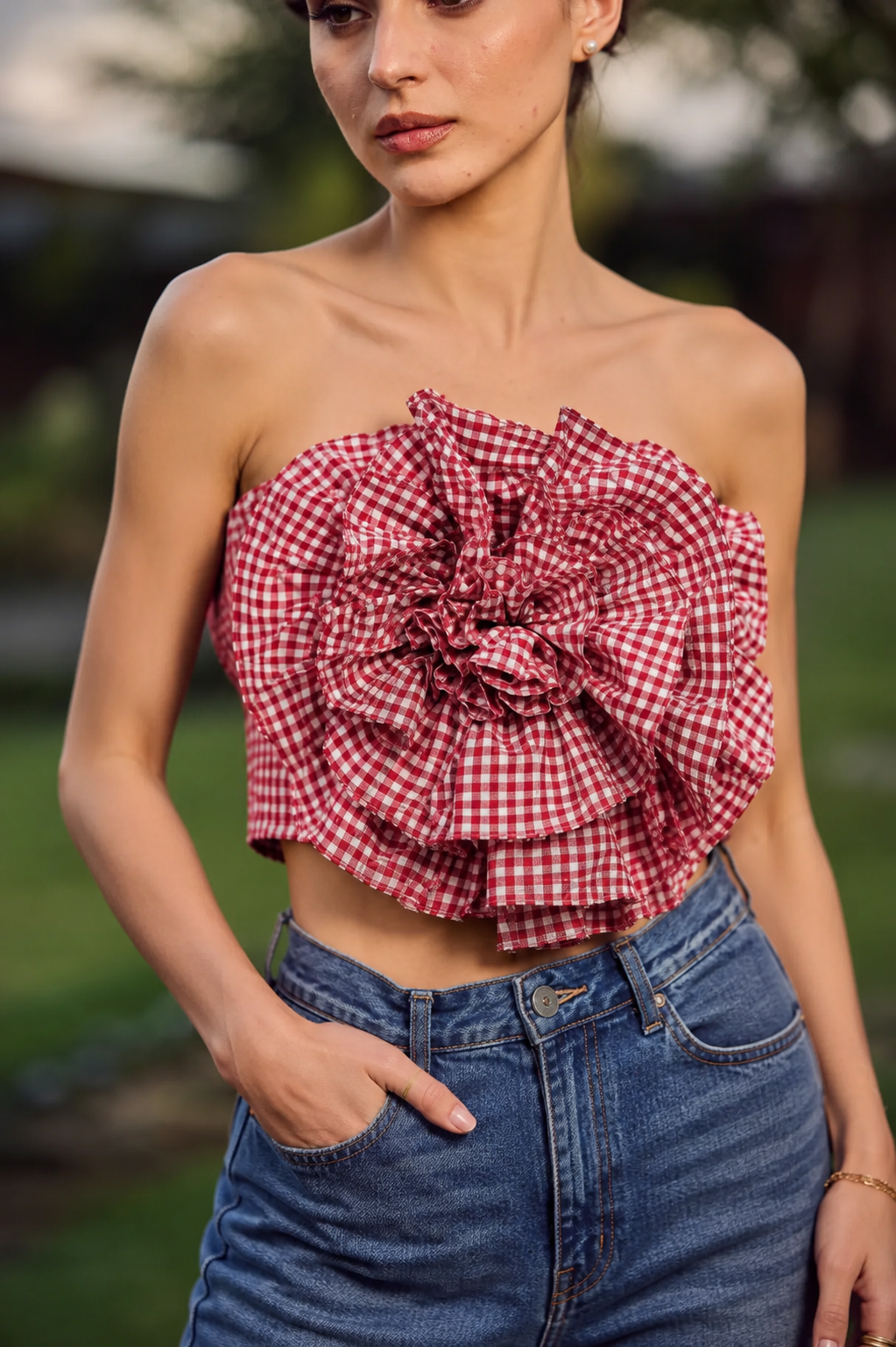 Rosette Bloom Gingham Strapless Top