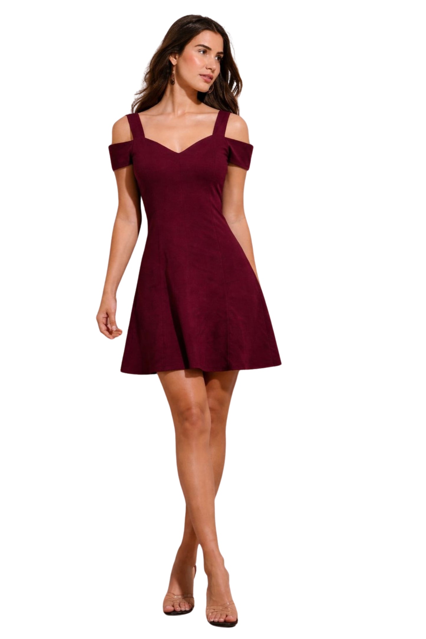 Wine Off-Shoulder Fit & Flare Mini Dress