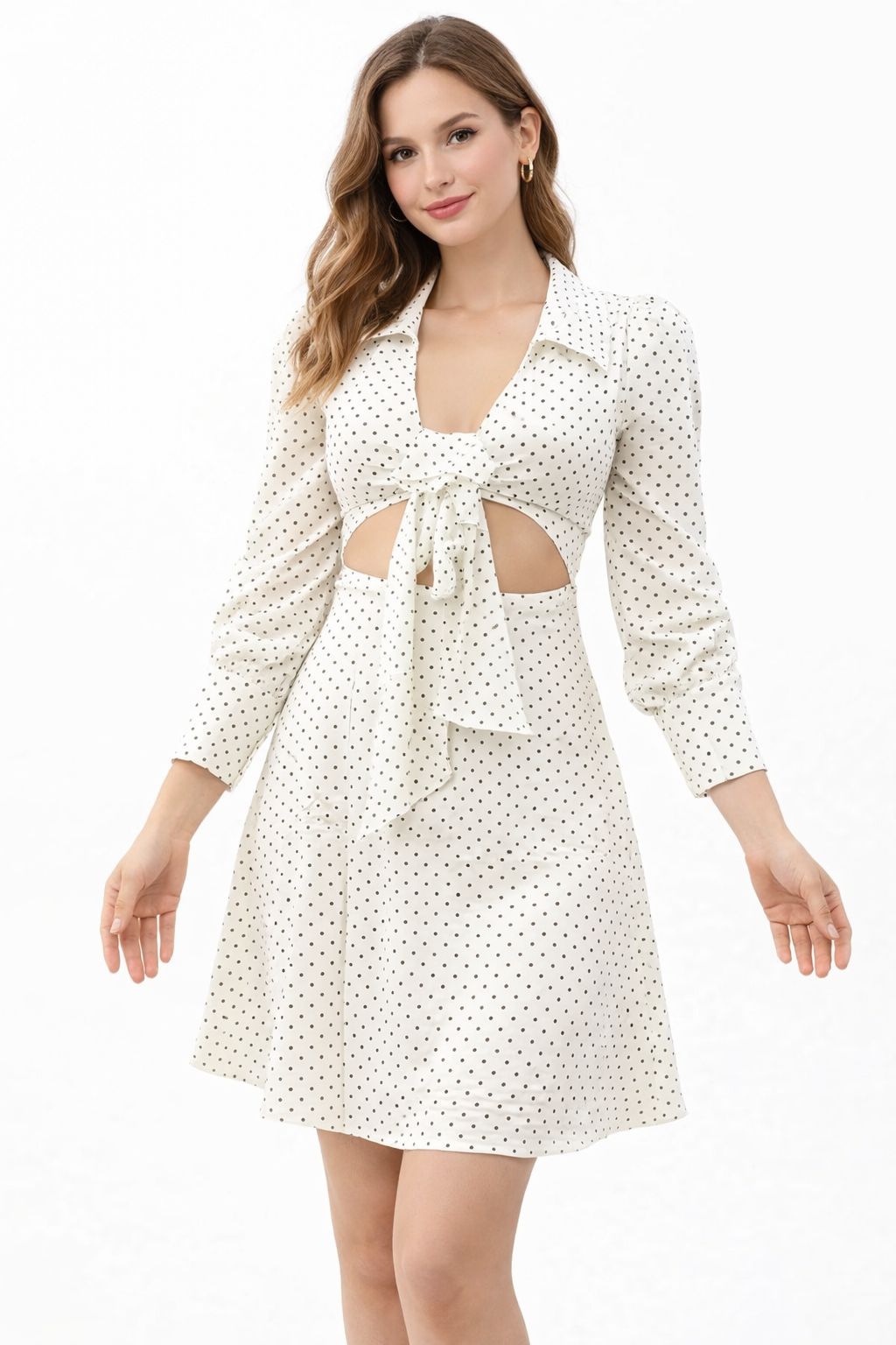 Cream Polka Dot Cutout Mini Dress with Tie Front